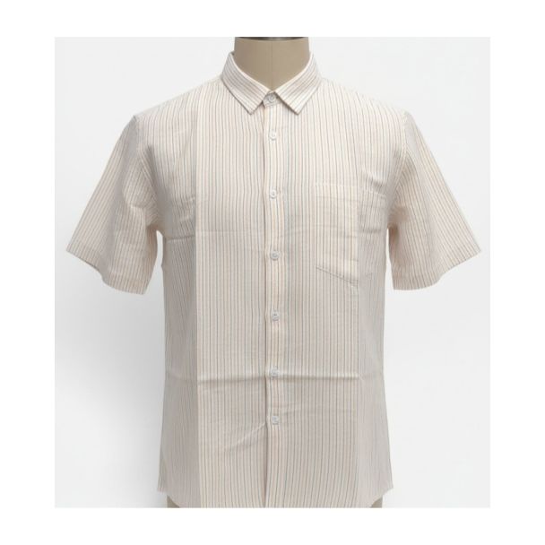 Men's light beige vertical stripe cotton half sleeve shirt for daily wear