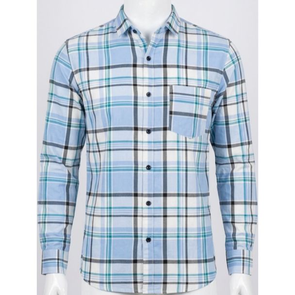 Mens Light Blue Plaid Cotton Slim Fit Casual Shirt India