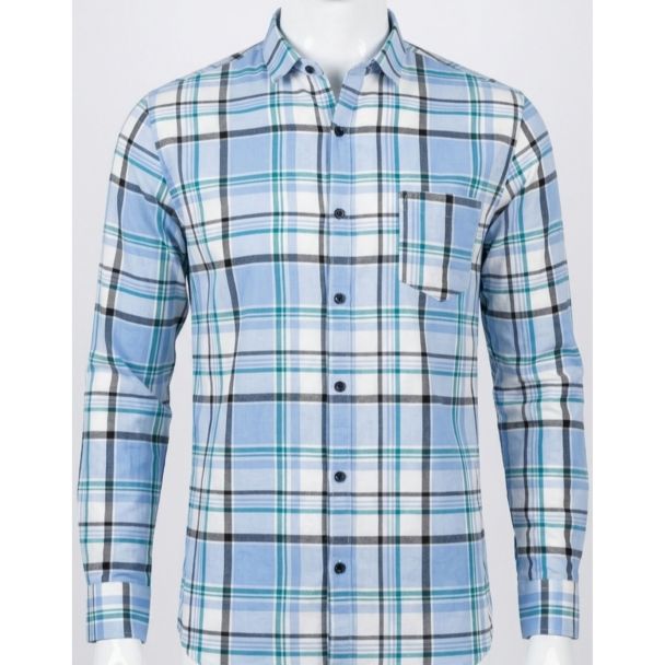 Mens Light Blue Plaid Cotton Slim Fit Casual Shirt India