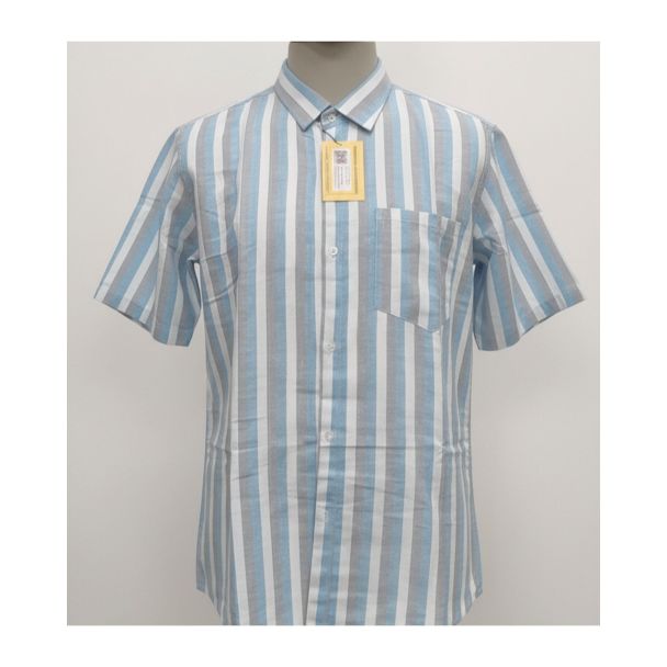 Men's light blue and white striped cotton half sleeve shirt with pocket