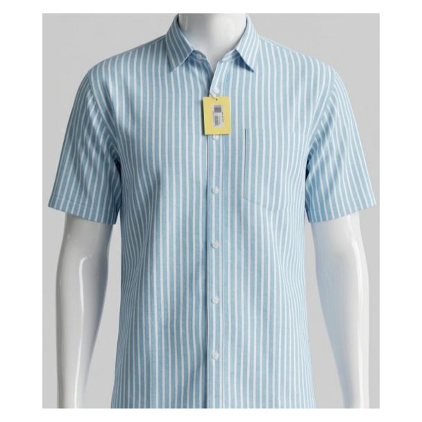 Mens light blue and white striped cotton half sleeve shirt for daily wear in India