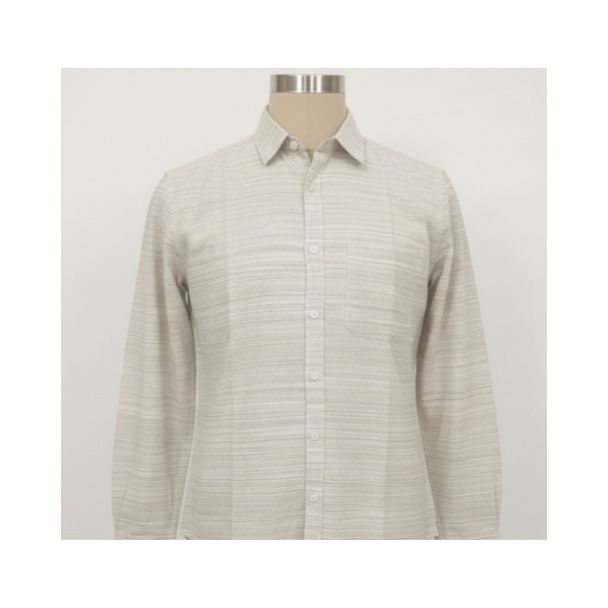 Men's light grey off-white finely horizontally striped long sleeve casual shirt on mannequin