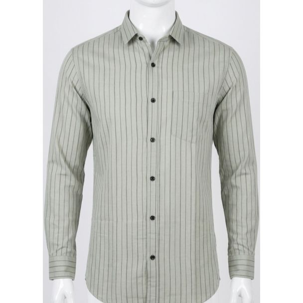 Mens Light Grey Striped Cotton Slim Fit Casual Shirt India