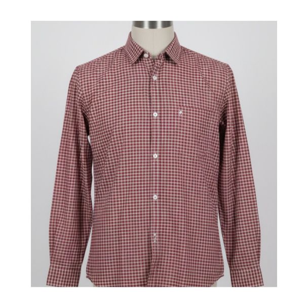 Men's maroon and white check cotton shirt with full sleeves and pointed collar