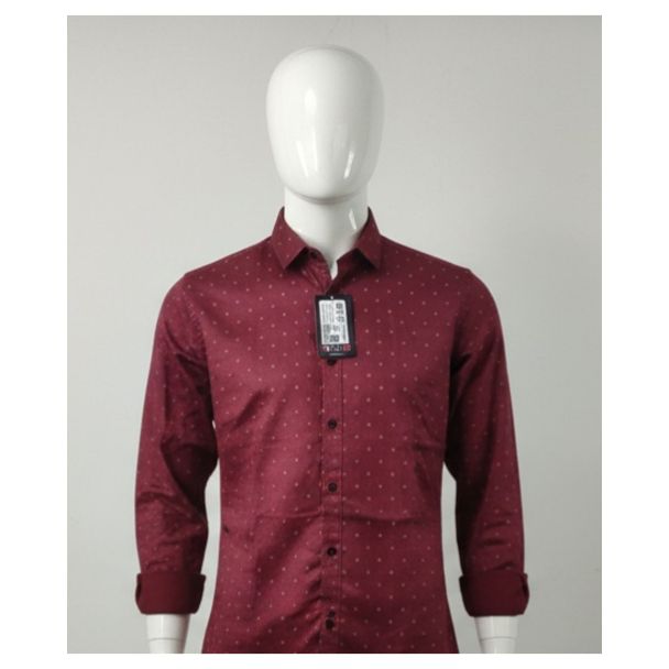 Men's maroon cotton shirt with small white dots and full sleeves