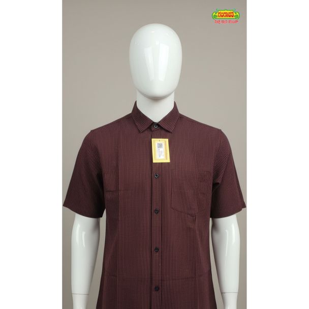 Mens maroon vertical striped pure cotton shirt with half sleeves India