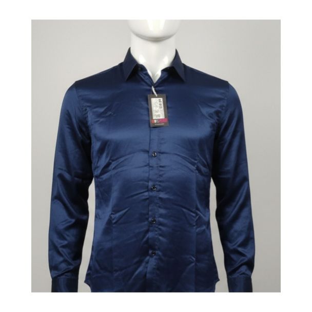 Men's tailored navy blue shirt with a high-sheen satin look fabric on a mannequin, India.