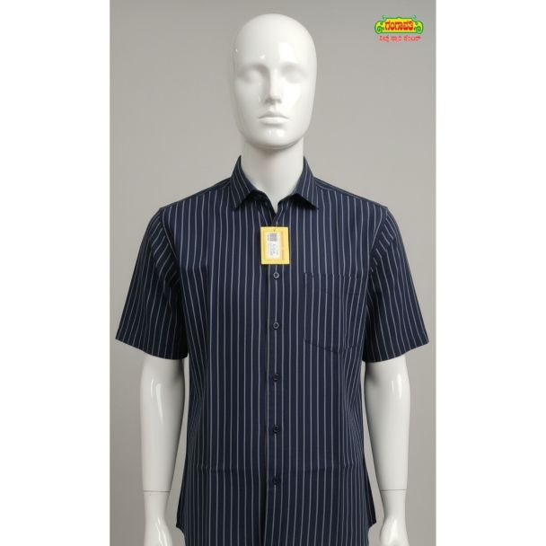 Men's navy blue vertical stripe short sleeve cotton shirt