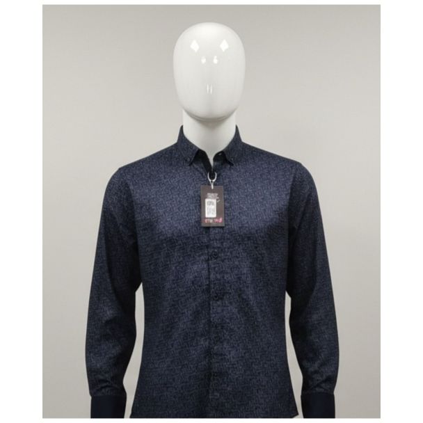 Men's navy blue shirt with subtle print and full sleeves on a mannequin in India