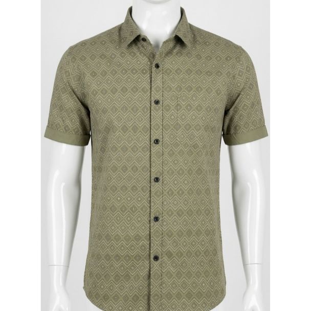 Men's Olive Green Geometric Print Slim Fit Cotton Shirt India