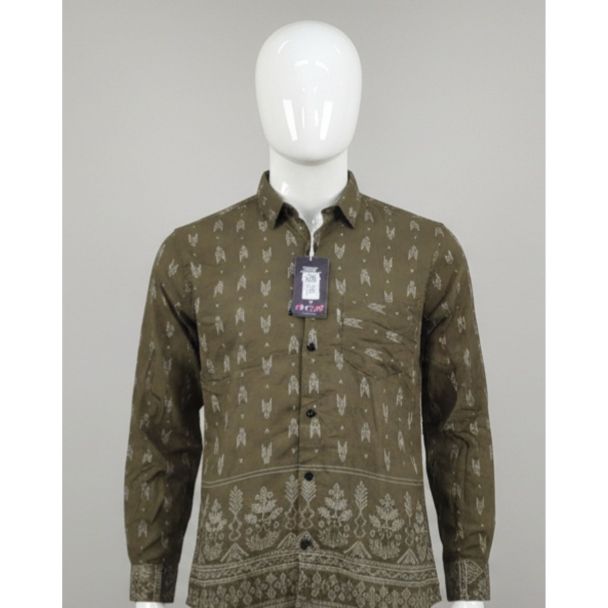 Men's olive green cotton shirt with all-over and border print displayed on a mannequin in India