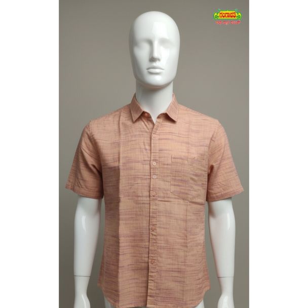Mens Peach Textured Cotton Half Sleeve Regular Fit Shirt