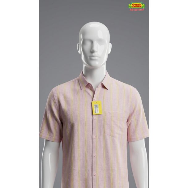 Mens pink and yellow striped cotton half sleeve shirt for casual wear in India