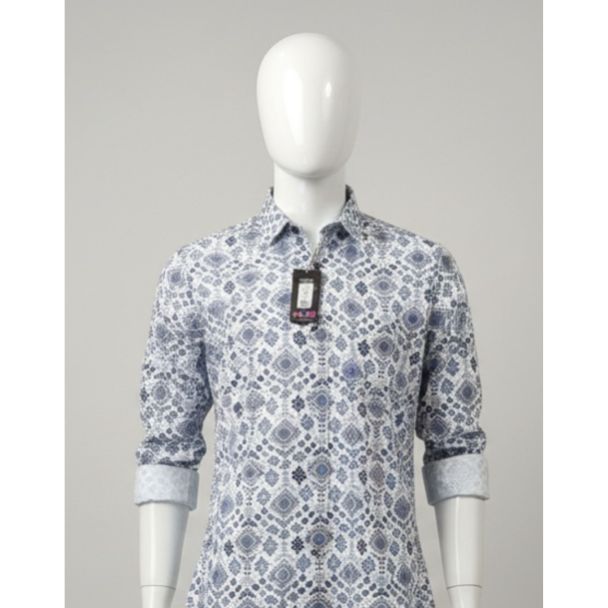 Men's white and blue geometric print casual shirt rolled up sleeves India