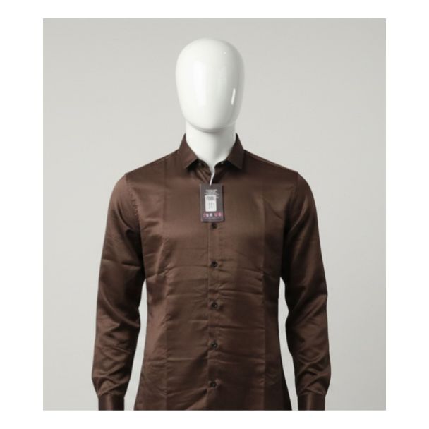 Rich brown satin finish men's slim fit long sleeve shirt on mannequin India