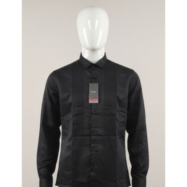 Men's solid black full sleeve formal shirt with vertical pintuck detail on mannequin India