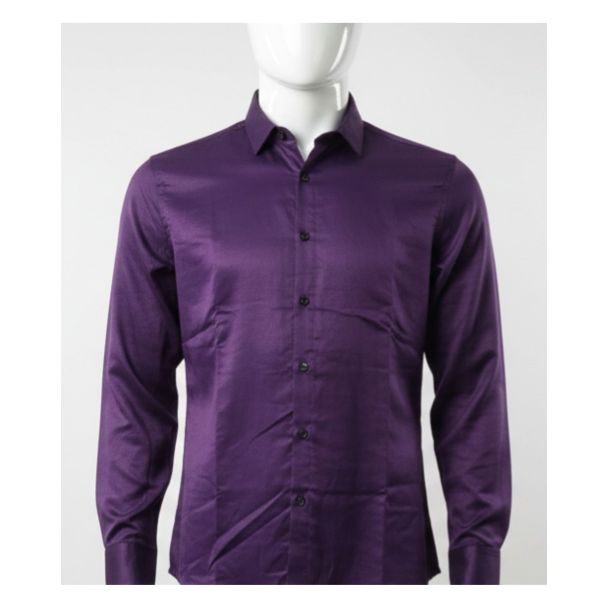 Men's deep royal purple solid color long sleeve dress shirt on a mannequin