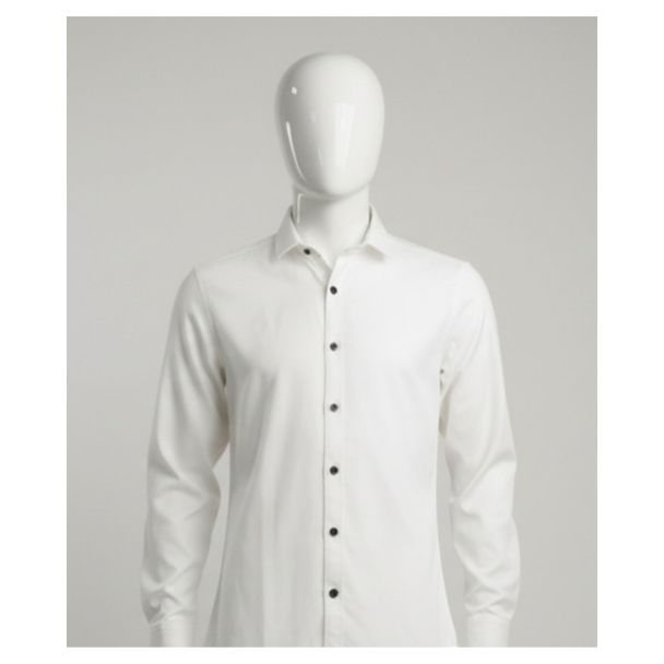 Men's solid white full sleeve shirt on a mannequin featuring black buttons, India