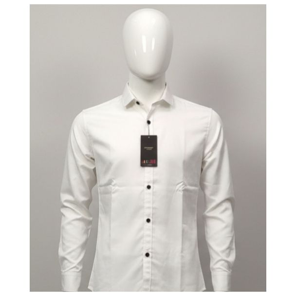 Men's solid white slim fit full sleeve shirt on a mannequin with black buttons