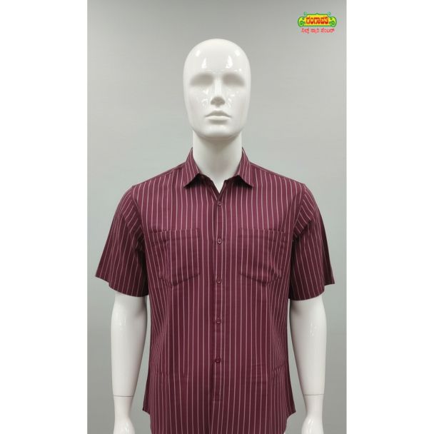 Men's maroon short sleeve cotton shirt with white vertical stripes