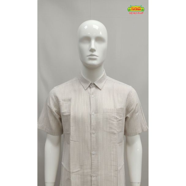 Men's light beige vertical striped cotton shirt with short sleeves