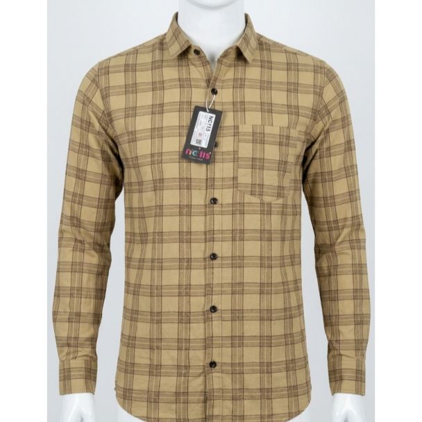 Mens Tan Brown Checkered Cotton Slim Fit Full Sleeve Casual Shirt India