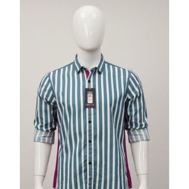 Men's teal and white vertically striped casual shirt on mannequin, rolled sleeves India