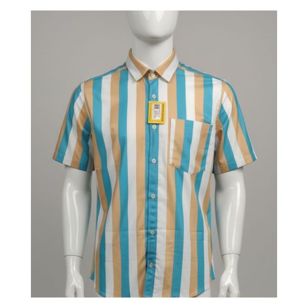 Men's short sleeve shirt featuring turquoise, tan, and white vertical stripes on mannequin