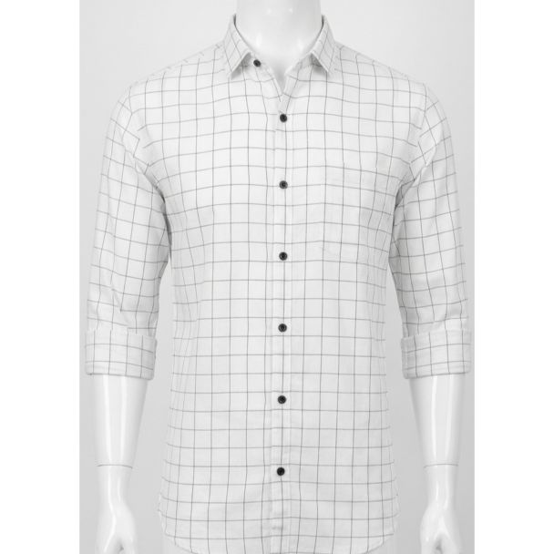 Mens White Black Checkered Cotton Slim Fit Casual Shirt India