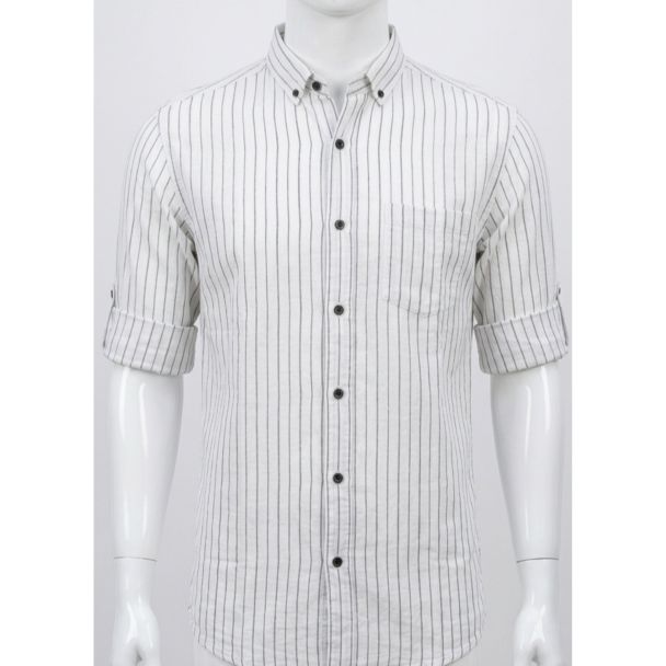 Mens White Black Striped Cotton Slim Fit Casual Shirt India