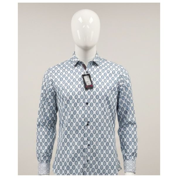 Men's white and blue geometric print cotton shirt with full sleeves