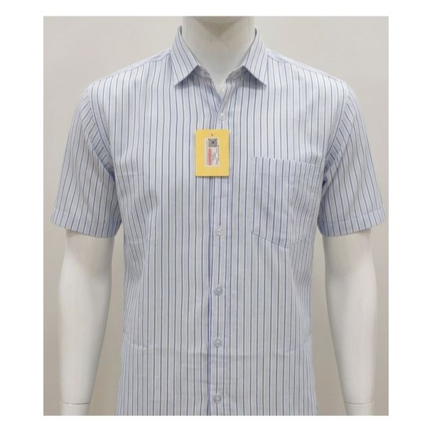 Mens white and blue vertical stripe cotton half sleeve shirt India