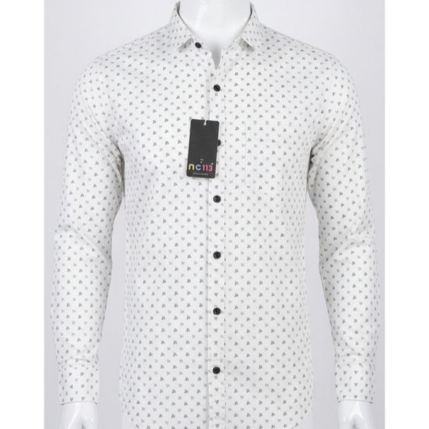 Mens White Geometric Print Cotton Casual Slim Fit Shirt India