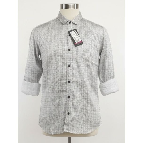 Men's white and grey micro-pattern casual shirt displayed on a mannequin with rolled 3/4 sleeves