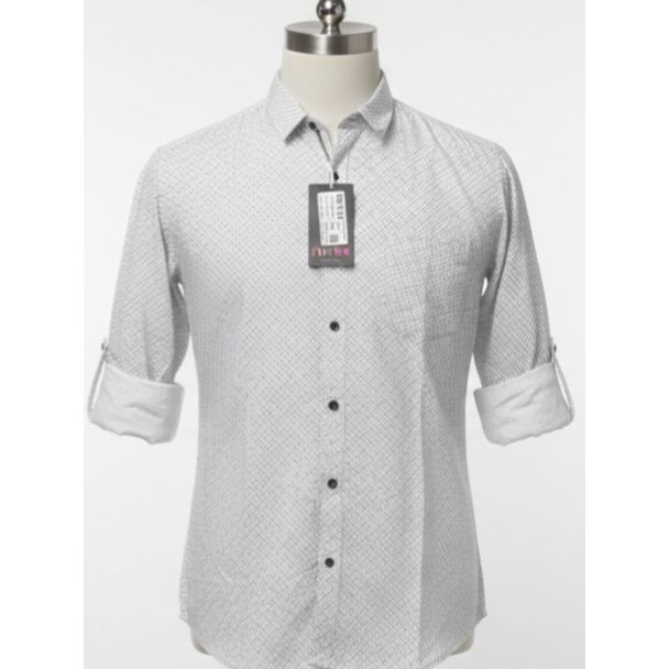 Men's white printed cotton shirt with roll-up sleeves - Gangavathi Exports