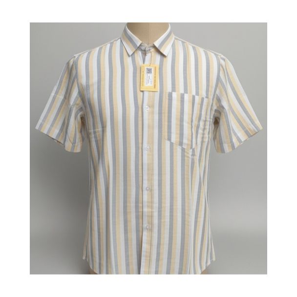 Men's yellow grey and white vertical stripe cotton half sleeve shirt