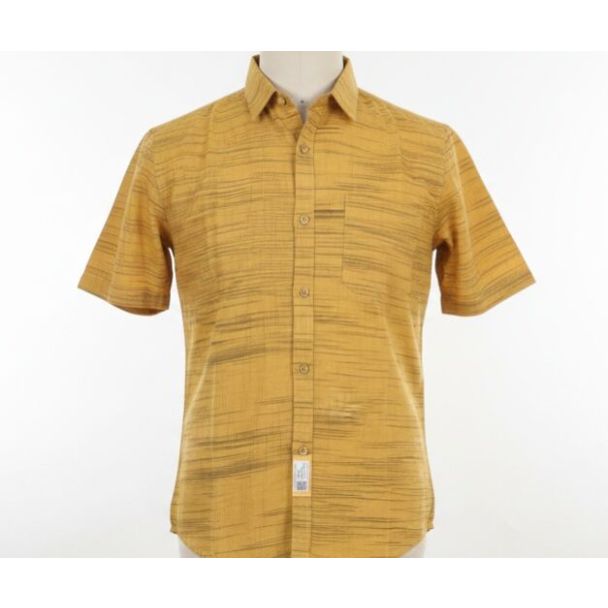 Men's mustard yellow shirt with dark horizontal slub pattern and short sleeves