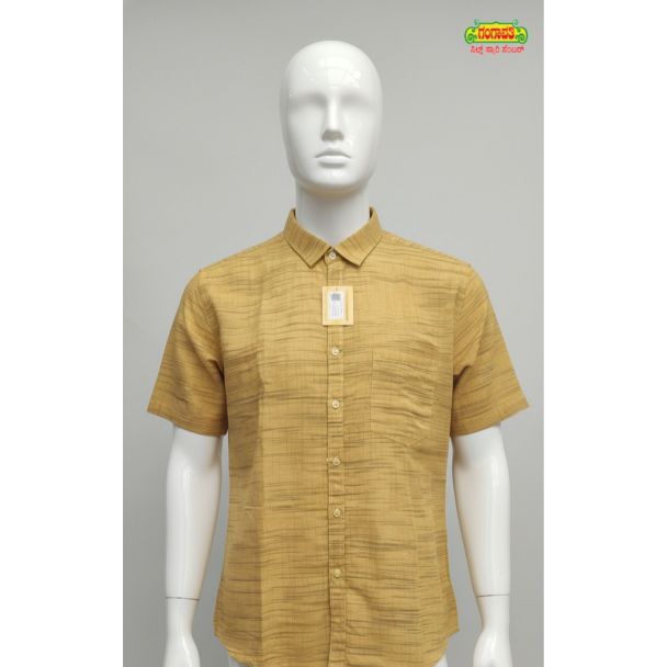 Mustard yellow men's cotton shirt with horizontal texture and half sleeves