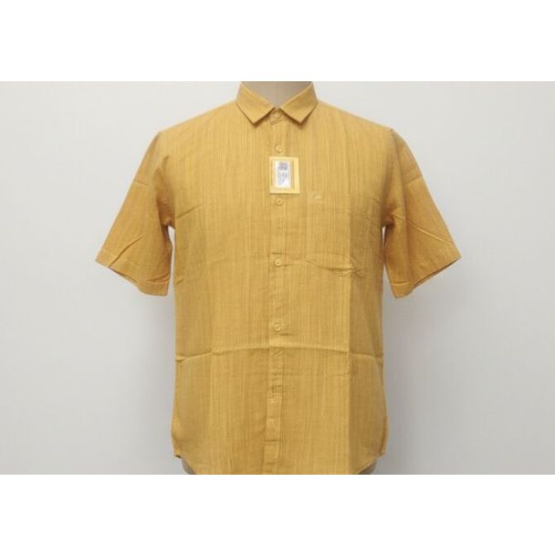 Mustard yellow linen shirt with short sleeves and a collared neckline, displayed on a mannequin