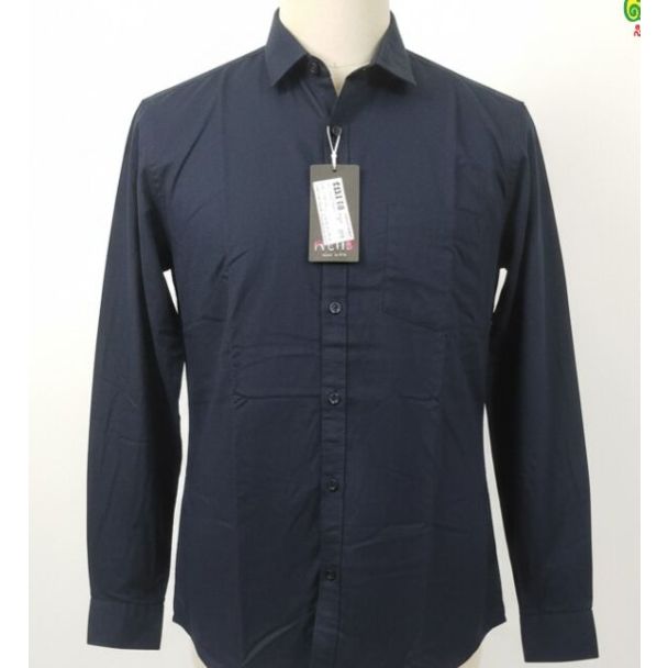 Navy blue men's shirt with classic collar, long sleeves, and a pocket