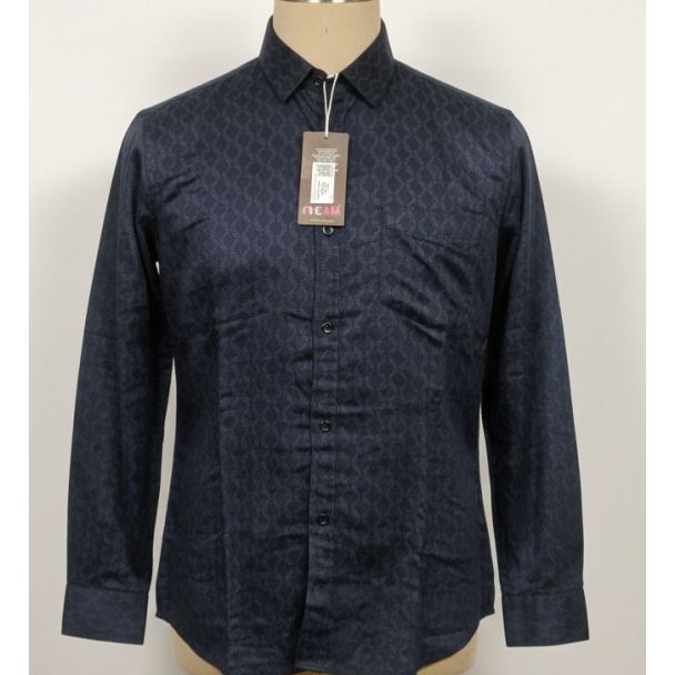 Navy blue men's button-up shirt with geometric pattern on a mannequin. Long sleeves and a classic collar.