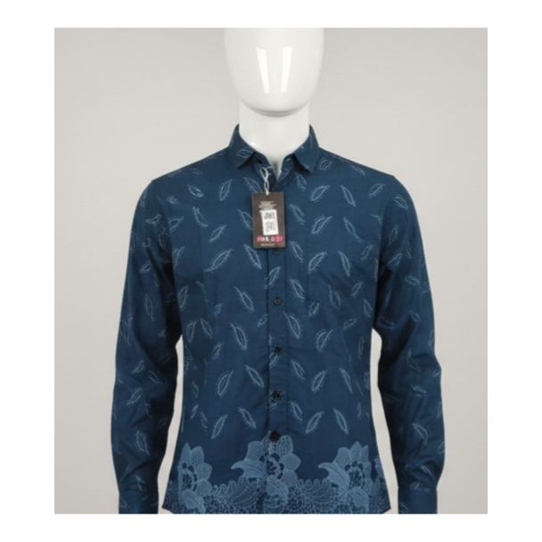 Navy blue leaf print cotton shirt full sleeve