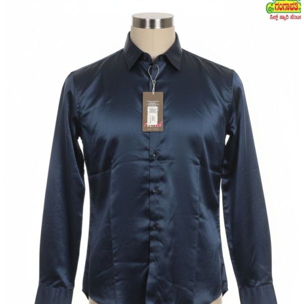 Navy blue satin long sleeve collared shirt on a mannequin