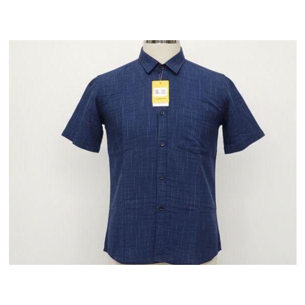 Dark navy blue textured shirt with vertical stripes and short sleeves