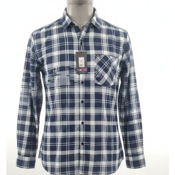 Men's navy blue and white plaid cotton long sleeve button-up shirt.