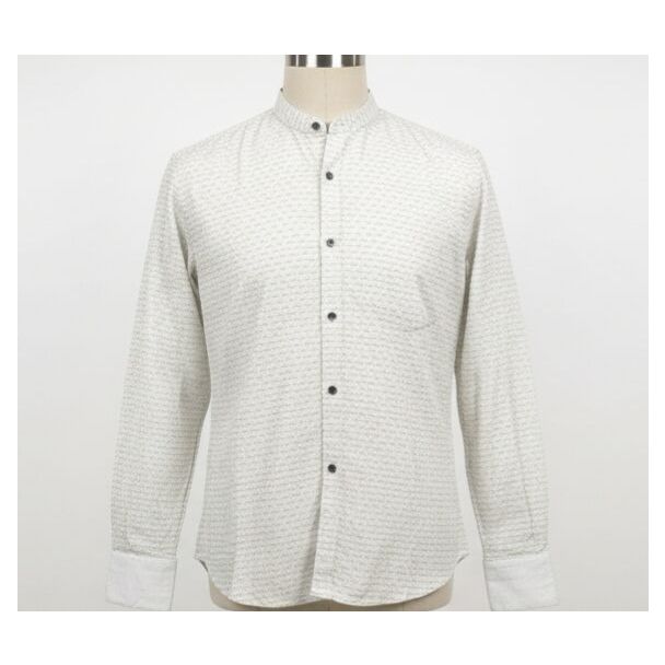 Off-white textured cotton shirt with a mandarin collar and long sleeves. Perfect for smart casual wear.