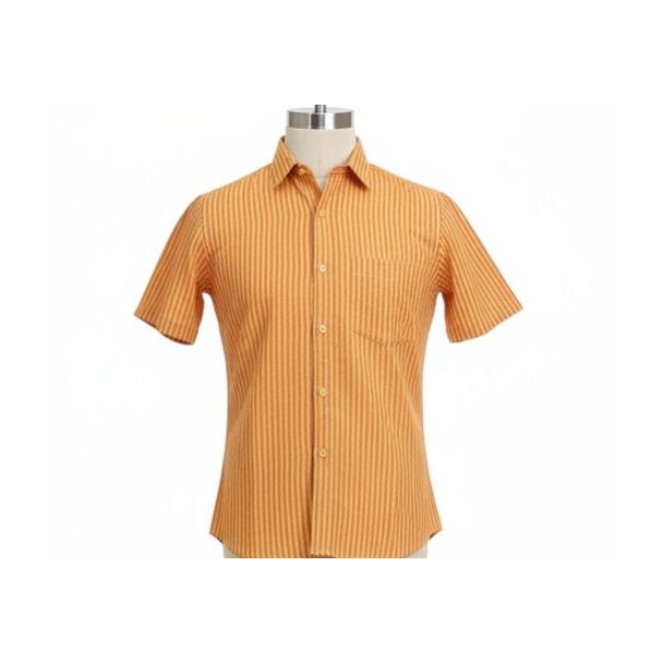 Orange cotton shirt with vertical stripes and short sleeves on a mannequin