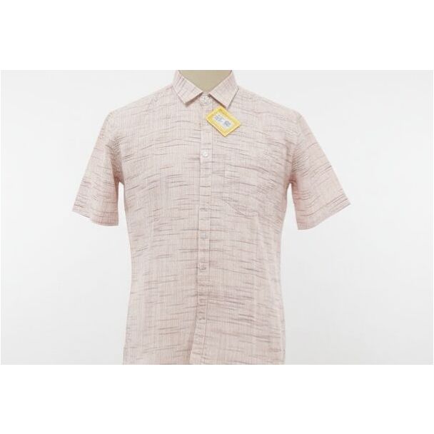 Light pink striped cotton casual shirt with short sleeves on mannequin