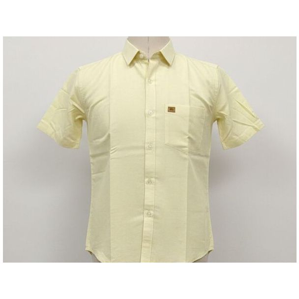 Pale yellow cotton short sleeve button-down shirt