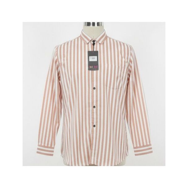 Peach and white striped button-down cotton shirt with long sleeves